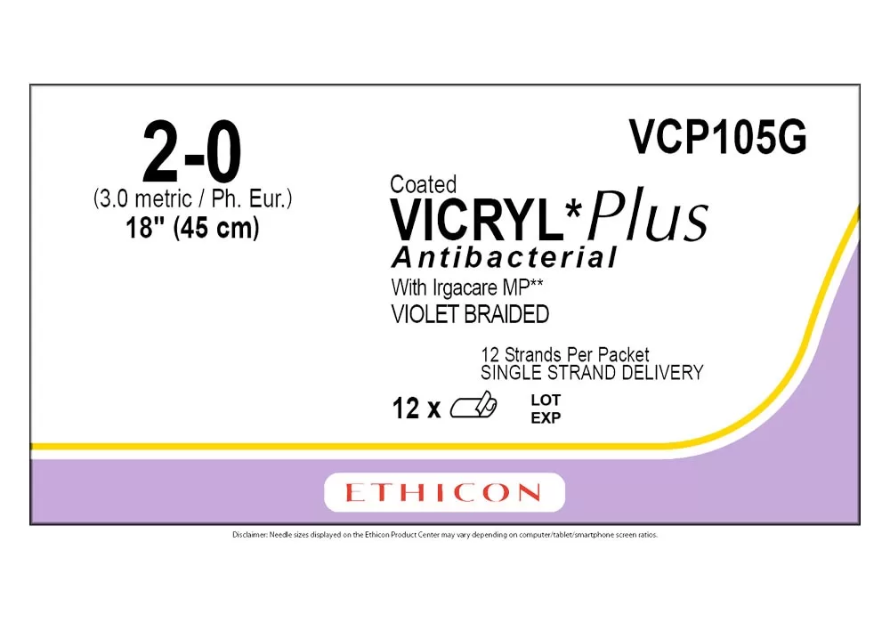 Ethicon 2-0 18" Suture Coated Vicryl*Plus Antibacterial With Irgacare MP** Violet Braided 12 Strands Per Packet Single Strand Delivery ( of 12) (Purple)