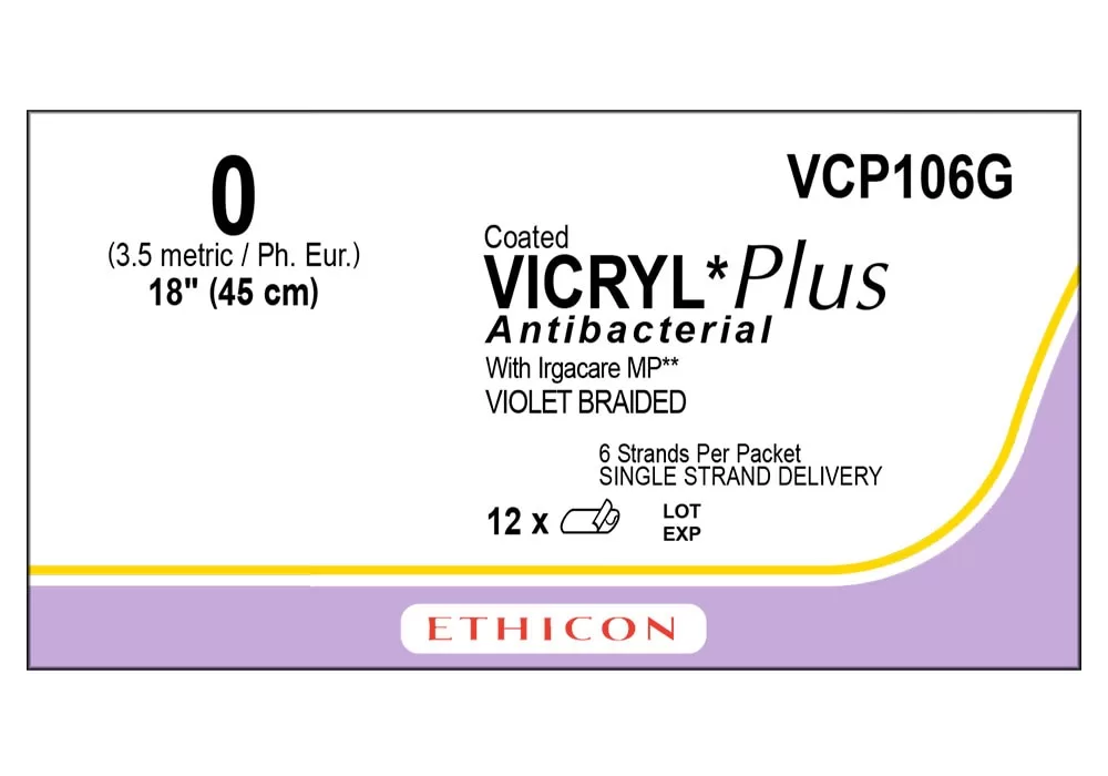 Ethicon 0 18'' Coated Vicryl* Plus Antibacterial Violet Braided Suture With Irgacare MP**, No Needle, 6 Strands Per Packet Single Strand Delivery ( of 12) (Purple)