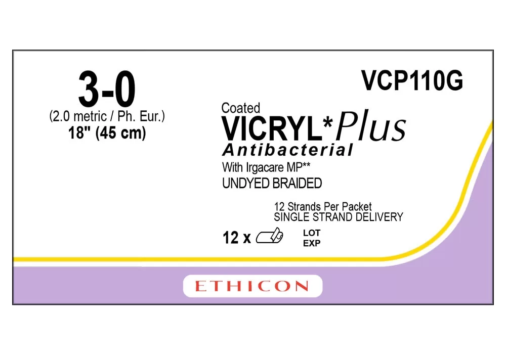 Ethicon 3-0 18" Coated Vicryl*Plus Antibacterial With Irgacare MP** (Polyglactin 910) Undyed Braided Absorbable Suture 12 Strands Per Packet Single Strand Delivery ( of 12) (Purple)