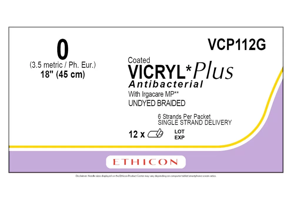 Ethicon 0 18" Coated Vicryl* Plus Antibacterial With Irgacare MP** Undyed Braided Suture 6 Strands Per Packet Single Strand Delivery ( of 12) (Purple)
