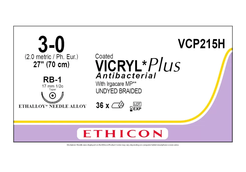 Ethicon 3-0 27" Coated Vicryl*Plus Antibacterial With Irgacare MP** (Polyglactin 910) Undyed Braided Suture Rb-1 17 mm 1/2C Taper ( of 36) (Purple)