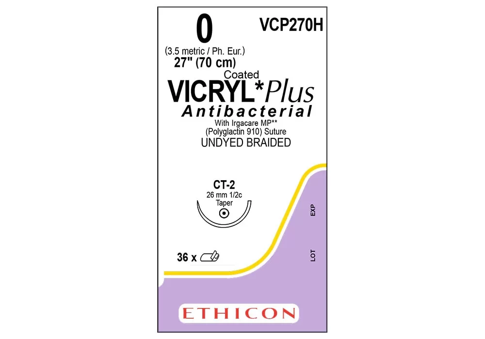 Ethicon 0 27" Coated Vicryl*Plus Antibacterial With Irgacare MP** (Polyglactin 910) Undyed Braided Suture Ct-2 26 mm 1/2C Taper ( of 36) (Purple)