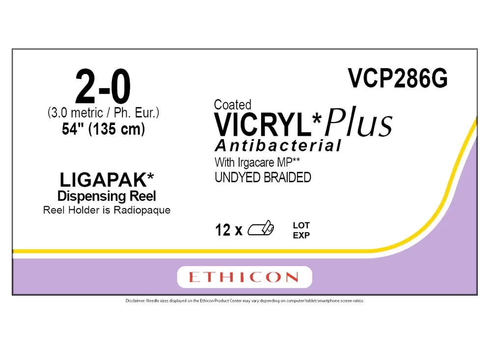 Ethicon 2-0 54" Coated Vicryl*Plus Antibacterial With Irgacare MP** Undyed Braided Suture Ligapak* Dispensing Reel, Reel Holder Is Radiopaque ( of 12) (Purple)