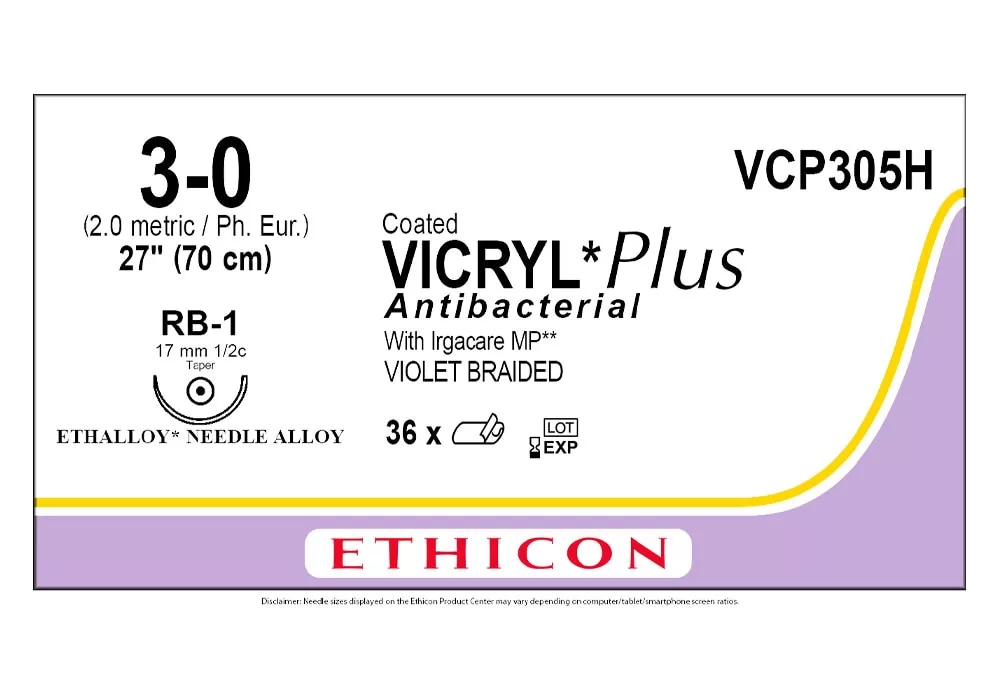 Ethicon 3-0 27" Coated Vicryl* Plus Antibacterial With Irgacare MP** (Polyglactin 910) Violet Braided Suture Rb-1 17 mm 1/2C Taper ( of 36) (Purple)