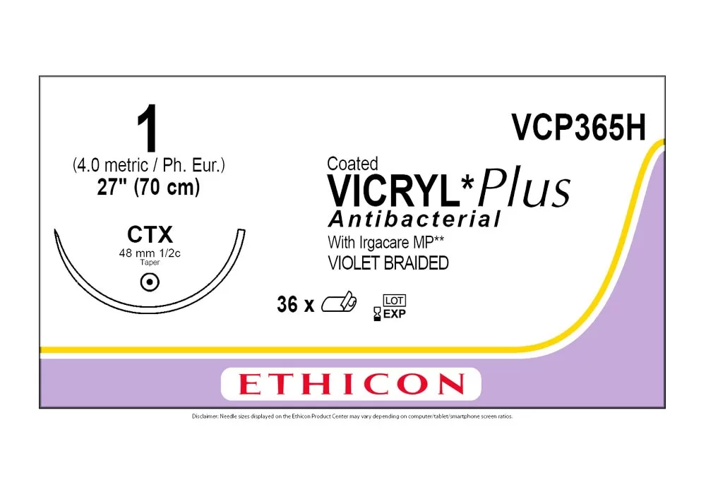 Ethicon 1 27" Coated Vicryl*Plus Antibacterial With Irgacare MP** (Polyglactin 910) Suture Violet Braided Ctx 48 mm 1/2C Taper ( of 36) (Purple)
