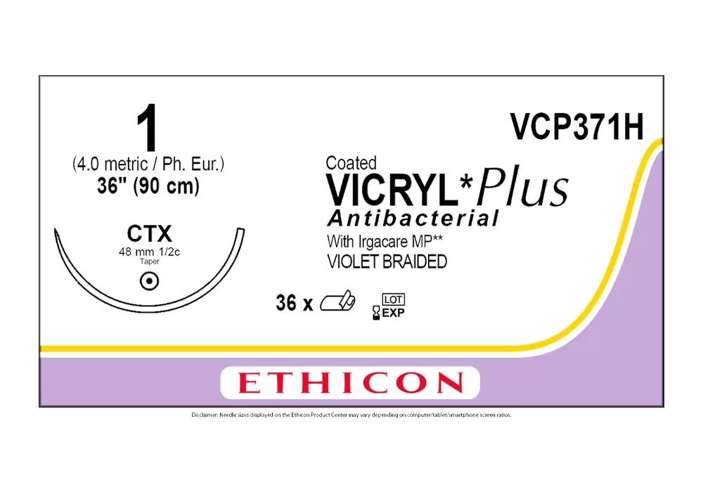 Ethicon 1 36" Coated Vicryl*Plus Antibacterial With Irgacare MP** (Polyglactin 910) Suture Violet Braided Ctx 48 mm 1/2C Taper ( of 36) (Purple)