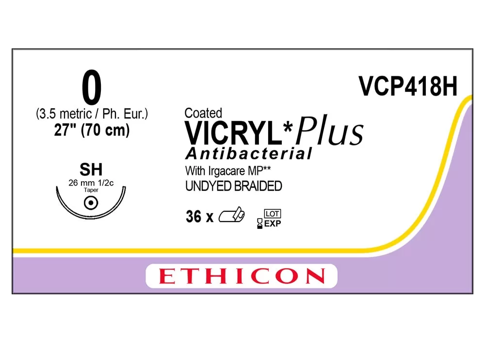 Ethicon 0 27" Coated Vicryl*Plus Antibacterial Undyed Braided Suture With Irgacare MP**, Sh 26 mm 1/2C Taper Point Needle ( of 36) (Purple With Yellow)