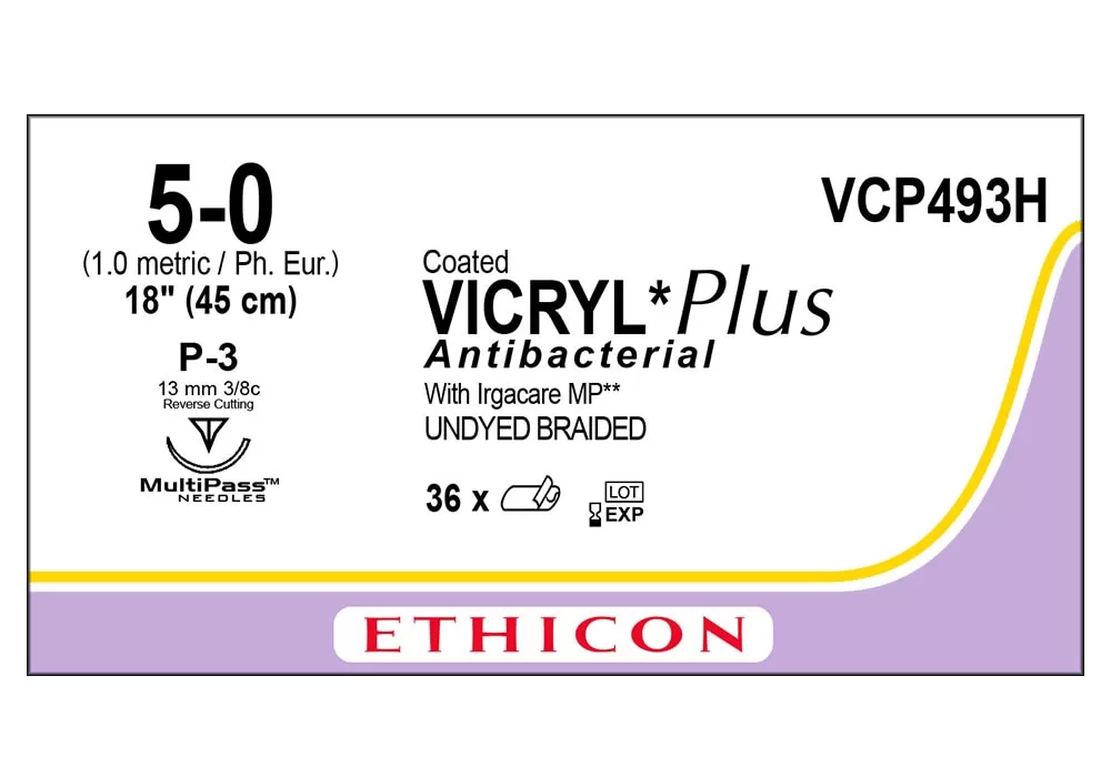 Ethicon 5-0 18" Coated Vicryl*Plus Antibacterial With Irgacare MP** (Polyglactin 910) Undyed Braided Suture P-3 13 mm 3/8C Reverse Cutting ( of 36) (Purple)
