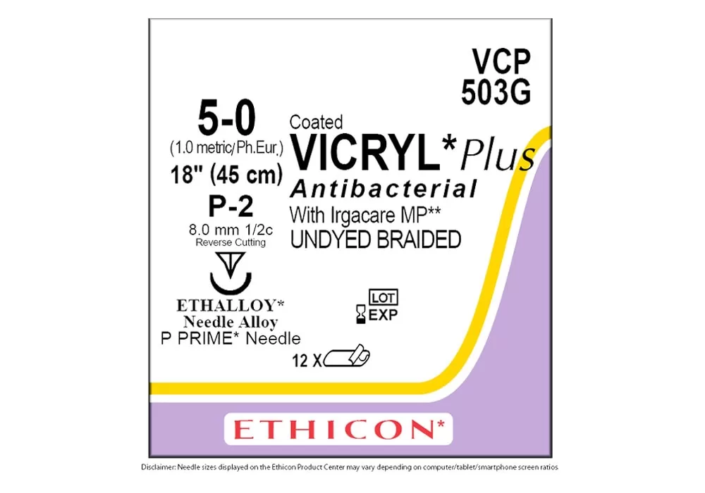 Ethicon 5-0 18" Coated Vicryl*Plus Antibacterial With Irgacare MP** (Polyglactin 910) Suture Undyed Braided P-2 8 mm 1/2C Reverse Cutting ( of 12) (Purple)