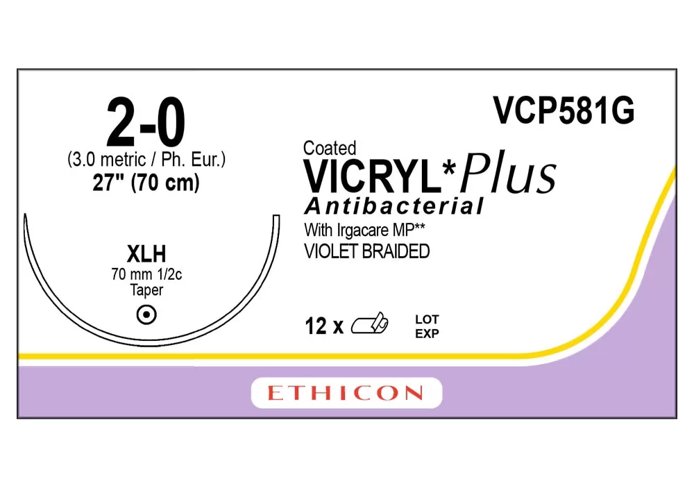 Ethicon 2-0 27" Coated Vicryl*Plus Antibacterial With Irgacare MP** (Polyglactin 910) Violet Braided Absorbable Suture Xlh 70 mm 1/2C Reverse Cutting ( of 12) (Purple)