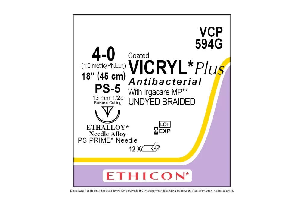 Ethicon 4-0 18" Coated Vicryl*Plus Antibacterial Undyed Braided Suture With Irgacare MP**, Ps-5 13 mm 1/2C Reverse Cutting Needle ( of 12) (Purple With Yellow)