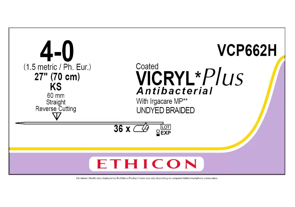 Ethicon 4-0 27" Coated Vicryl*Plus Antibacterial With Irgacare MP** (Polyglactin 910) Undyed Braided Absorbable Suture Ks 60 mm Reverse Cutting ( of 36) (Purple)
