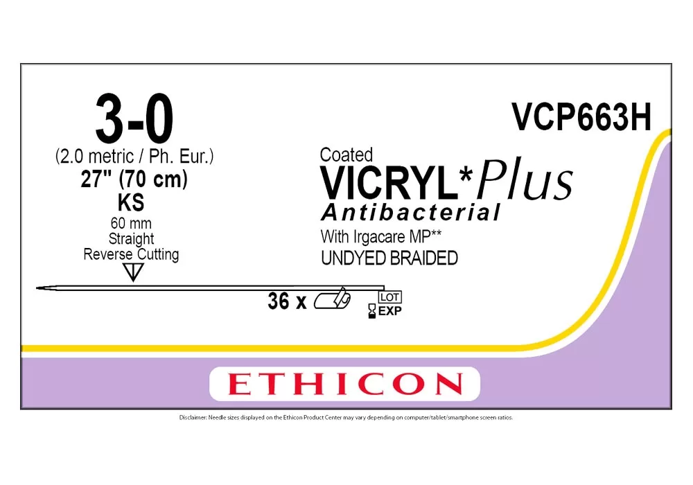 Ethicon 3-0 27" Coated Vicryl*Plus Antibacterial With Irgacare MP** (Polyglctin 910) Undyed Braided Absorbable Suture Ks 60 mm Reverse Cutting ( of 36) (Purple)
