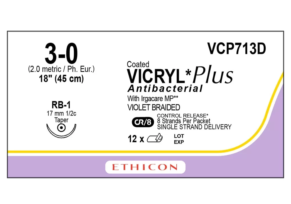 Ethicon 3-0 18" Suture Coated Vicryl*Plus Antibacterial With Irgacare MP** Violet Braided Cr/8 Control Release* 8 Strands Per Packet Single Strand Delivery Rb-1 17 mm 1/2C Taper ( of 12) (Purple)
