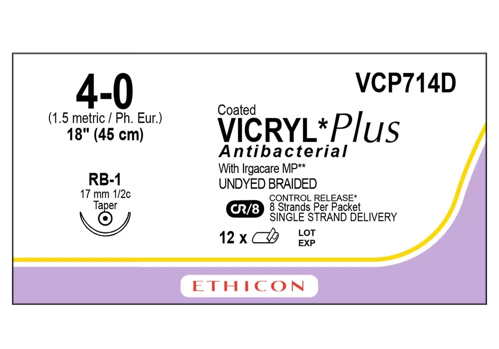 Ethicon 4-0 18" Suture Coated Vicryl*Plus Antibacterial With Irgacare MP** Undyed Braided Cr/8 Control Release 8 Strands Per Packet Single Strand Delivery Rb-1 17 mm 1/2C Taper ( of 12) (Purple)