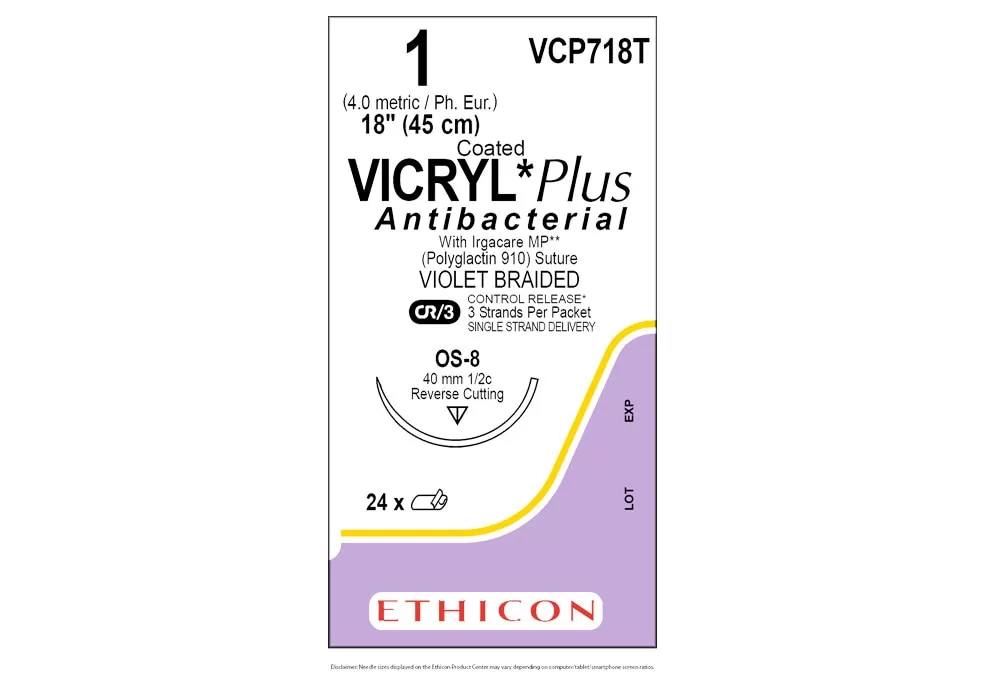 Ethicon 1 18" Coated Vicryl*Plus Antibacterial With Irgacare MP** (Polyglactin 910) Suture Violet Braided Cr/3 Control Release* 3 Strands Per Packet Single Strand Delivery Os-8 40 mm 1/2C Reverse Cutting ( of 24) (Purple)