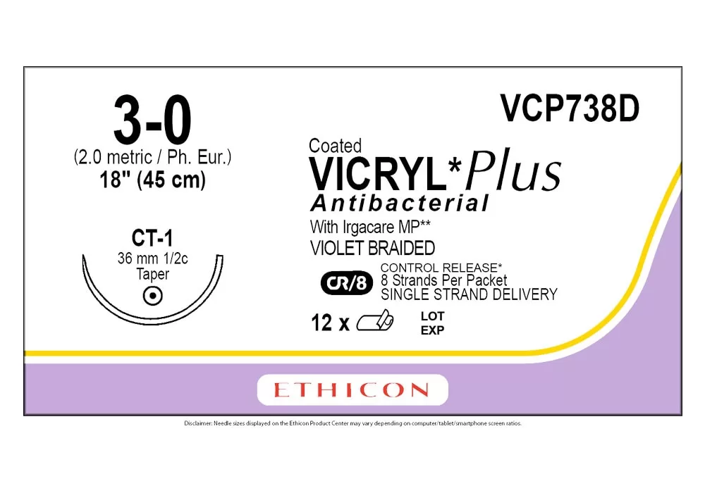 Ethicon 3-0 18" Vicryl* Plus Antibacterial With Irgacare MP** (Polyglactin 910) Violet Braided Absorbable Suture Ct-1 36 mm 1/2C Taper Cr/8 Control Release* 8 Strandsper Packet Single Strand Delivery ( of 12) (Purple)