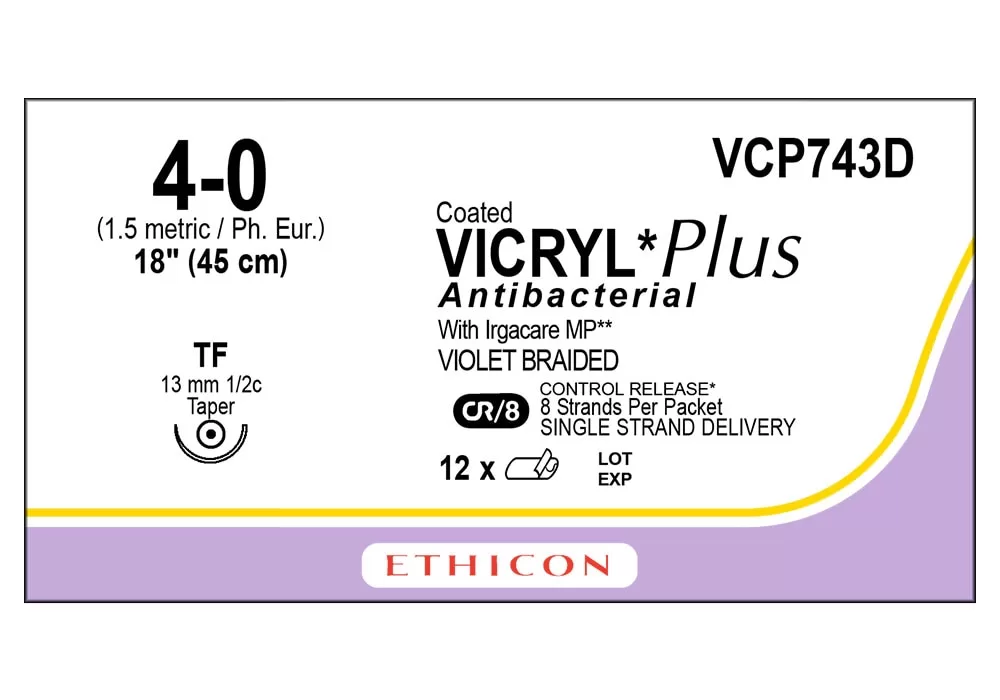 Ethicon 4-0 18" Coated Vicryl*Plus Antibacterial Violet Braided Suture With Irgacare MP**, Tf 13 mm 1/2C Taper Point Needle, Cr/8 Control Release* 8 Strands Per Packet Single Strand Delivery ( of 12) (Purple With Yellow)