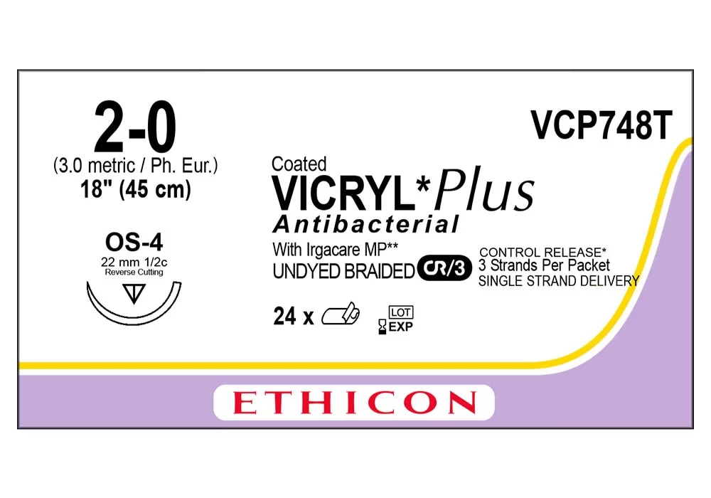 Ethicon 2-0 18'' Coated Vicryl* Plus Antibacterial Undyed Braided Suture With Irgacare MP**, Os-4 22 mm 1/2C Reverse Cutting Needle, Cr/3 Control Release* 3 Strands Per Packet Single Strand Delivery ( of 24) (Purple)