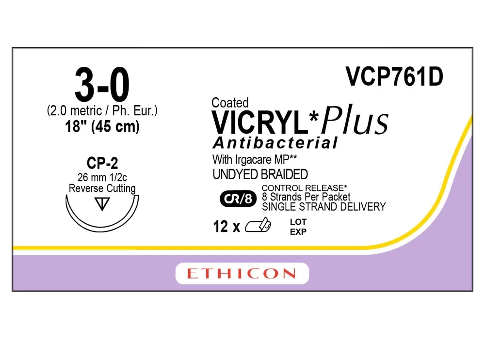 Ethicon 3-0 18" Coated Vicryl*Plus Antibacterial With Irgacare MP** (Polyglactin 910) Undyed Braided Absorbable Suture Cp-2 26 mm 1/2C Reverse Cutting Cr/8 Control Release* 8 Strands Per Packet Single Strand Delivery ( of 12) (Purple)