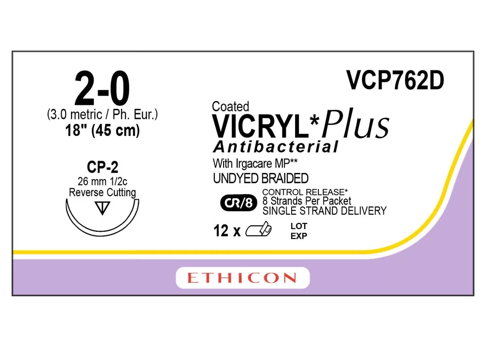 Ethicon 2-0 18" Coated Vicryl*Plus Antibacterial With Irgacare MP** (Polyglactin 910) Undyed Braided Suture Cr/8 Control Release* 8 Strands Per Packet Single Strand Delivery Cp-2 26 mm 1/2C Reverse Cutting ( of 12) (Purple)