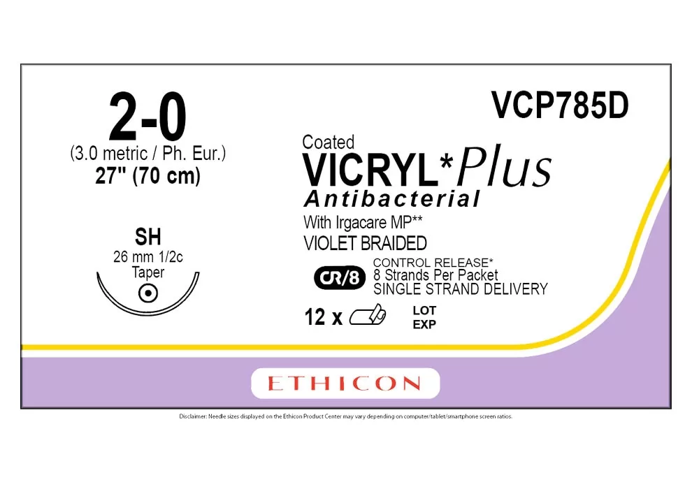 Ethicon 2-0 27" Coated Vicryl*Plus Antibacterial With Irgacare MP** Violet Braided Suture With Cr/8 Control Release* 8 Strands Per Packet Sinngle Strand Delivery Sh 26 mm 1/2C Taper ( of 12) (Purple)