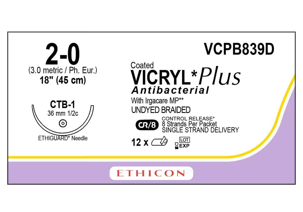 Ethicon 2-0 18" Coated Vicryl*Plus Antibacterial With Irgacare MP** Undyed Braided Suture Cr/8 Control Release* 8 Strands Per Packet Single Strand Delivery Ct-1 36 mm 1/2C Taper ( of 12) (Purple)