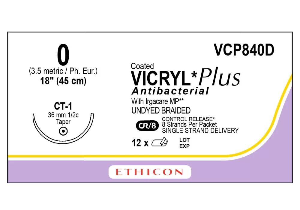 Ethicon 0 18" Coated Vicryl*Plus Antibacterial Undyed Braided Suture With Irgacare MP**, Ct-1 36 mm 1/2C Taper Point Needle, Cr/8 Control Release* 8 Strands Per Packet Single Strand Delivery ( of 12) (Purple With Yellow)