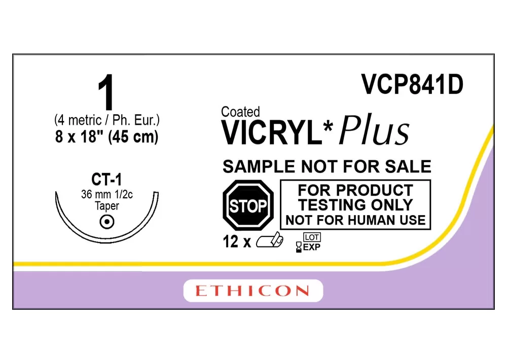 Ethicon 1 18" Coated Vicryl*Plus Antibacterial Undyed Braided Suture With Irgacare MP**, Ct-1 36 mm 1/2C Taper Point Needle, Cr/8 Control Release* 8 Strands Per Packet Single Strand Delivery ( of 12) (Purple)