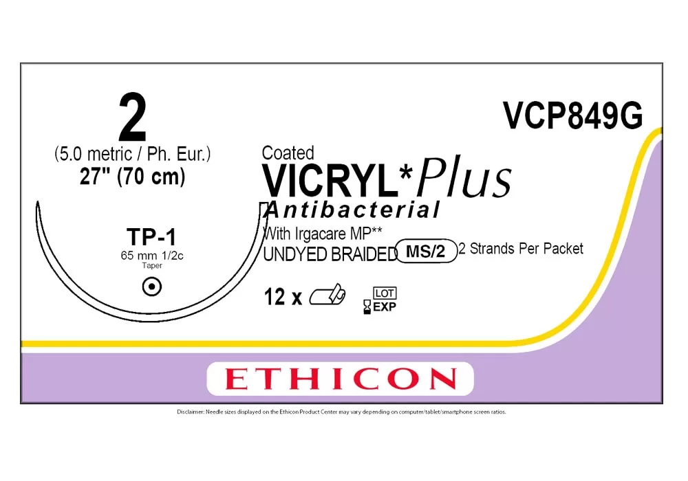 Ethicon 2 27" Coated Vicryl Plus Antibacterial With Irgacare MP (Polyglactin 910) Suture Undyed Braided Ms/2 2 Strands Per Packet Tp-1 65 mm 1/2C Taper ( of 12) (Purple)