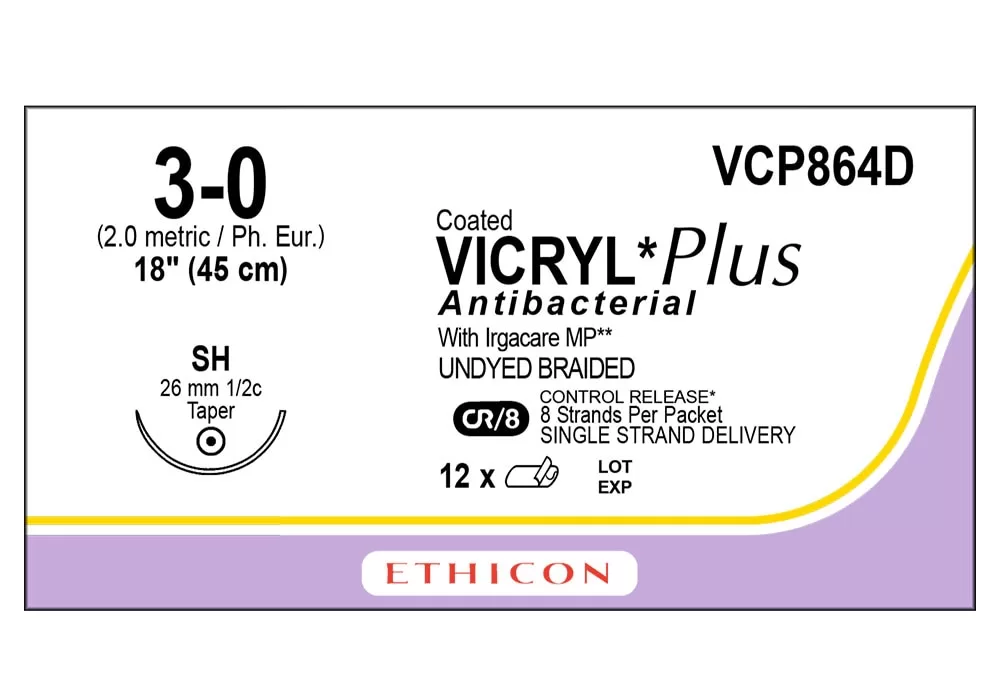 Ethicon 3-0 18" Coated Vicryl* Plus Antibacterial With Irgacare MP** (Polyglactin 910) Undyed Braided Suture Cr/8 Control Release* 8 Strands Per Packet Single Strand Delivery Sh 26 mm 1/2C Taper ( of 12) (Purple)
