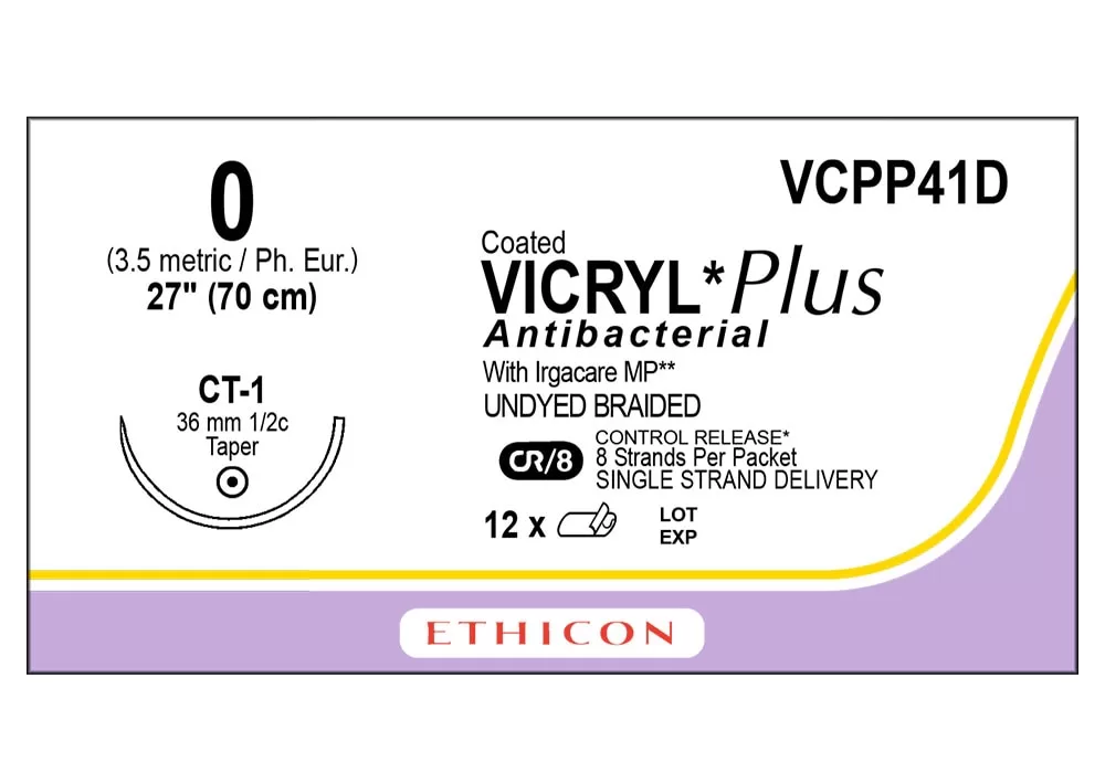 Ethicon 0 27" Coated Vicryl*Plus Antibacterial With Irgacare MP** (Polyglactin 910) Undyed Braided Absorbable Suture Cr/8 Control Release* 8 Strands Per Packet Single Strand Delivery Ct-1 36 mm 1/2C Taper ( of 12) (Purple)