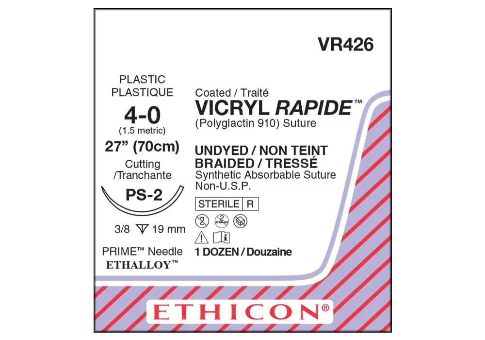 Ethicon 4-0 27" Coated Vicryl Rapide (Polyglactin 910) Suture Undyed Braided Synthetic Absorbable Suture Non-U.S.P. Ps-2 19 mm 3/8 Cutting ( of 12) (Purple/Red)