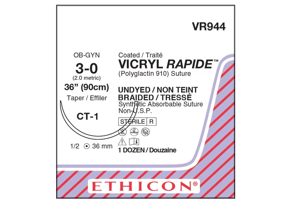 Ethicon 3-0 36" Coated Vicryl Rapide (Polyglactin 910) Suture Undyed Braided Ct-1 36 mm 1/2C Taper ( of 12) (Purple/Red)