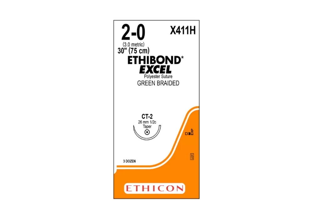 Ethicon 2-0 30" Ethibond* Excel Coated Polyester Green Braided Non-Absorbable Suture Ct-2 26 mm 1/2C Taperpoint ( of 36) (Orange)