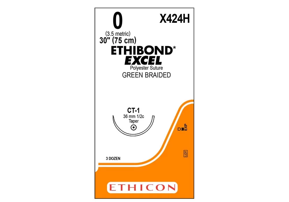 Ethicon 0 30" Ethibond* Excel Coated Polyester Green Braided Non-Absorbable Suture Ct-1 36 mm 1/2C Taperpoint ( of 36) (Orange)
