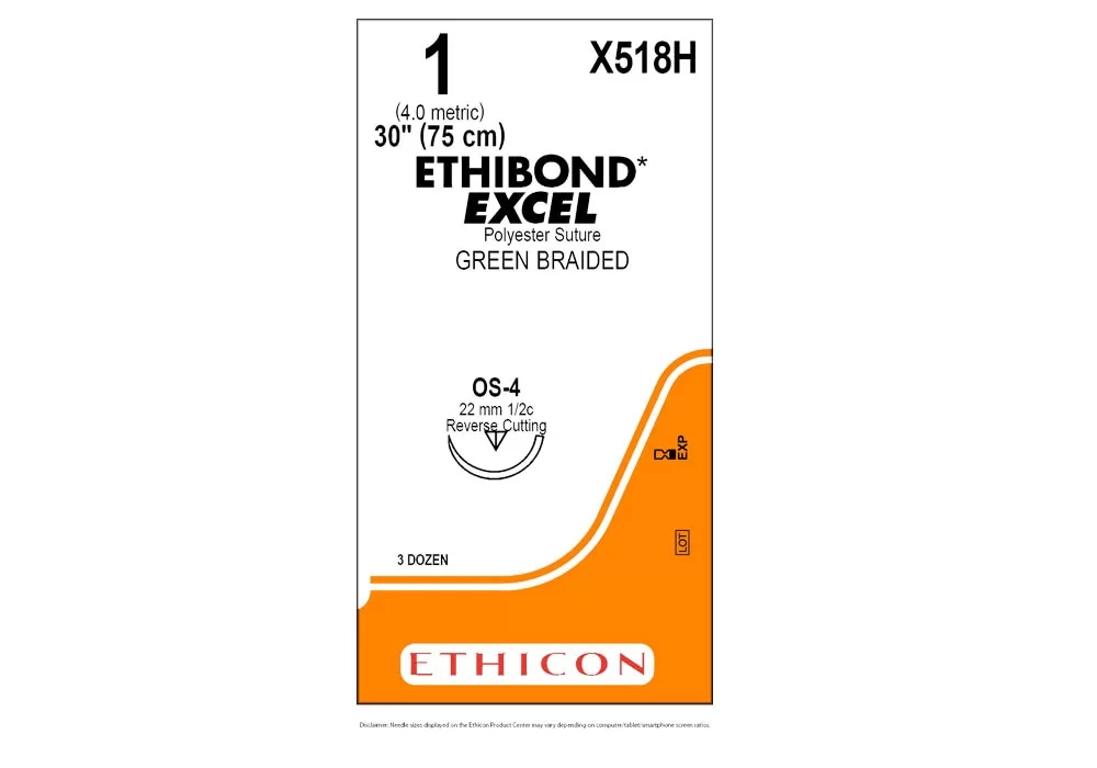 Ethicon 1 30" Ethibond* Excel Coated Polyester Green Braided Non-Absorbable Suture Os-4 22 mm 1/2C Reverse Cutting ( of 36) (Orange)