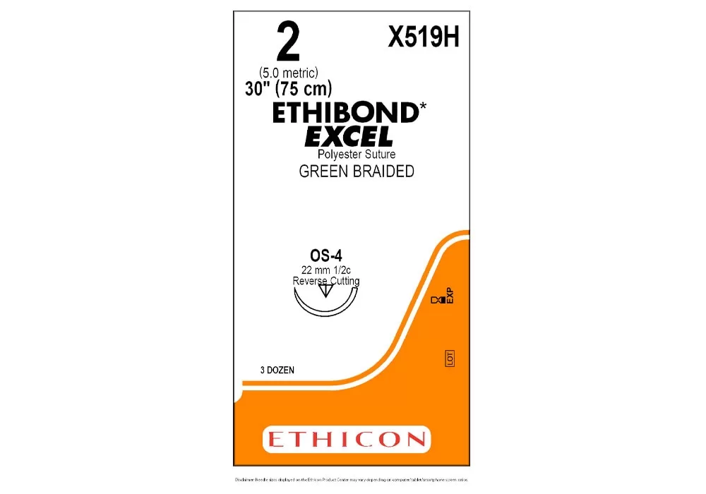 Ethicon 2 30" Ethibond* Excel Green Braided Non-Absorbable Polyester Suture Os-4 22 mm 1/2C Reverse Cutting ( of 36) (Orange)