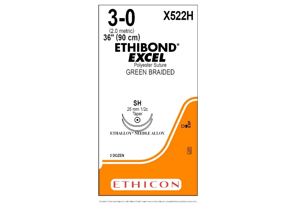 Ethicon 3-0 36" Ethibond Excel* Polyester Green Braided Non-Absorbable Suture Sh 26 mm 1/2C Taper ( of 36) (Orange)
