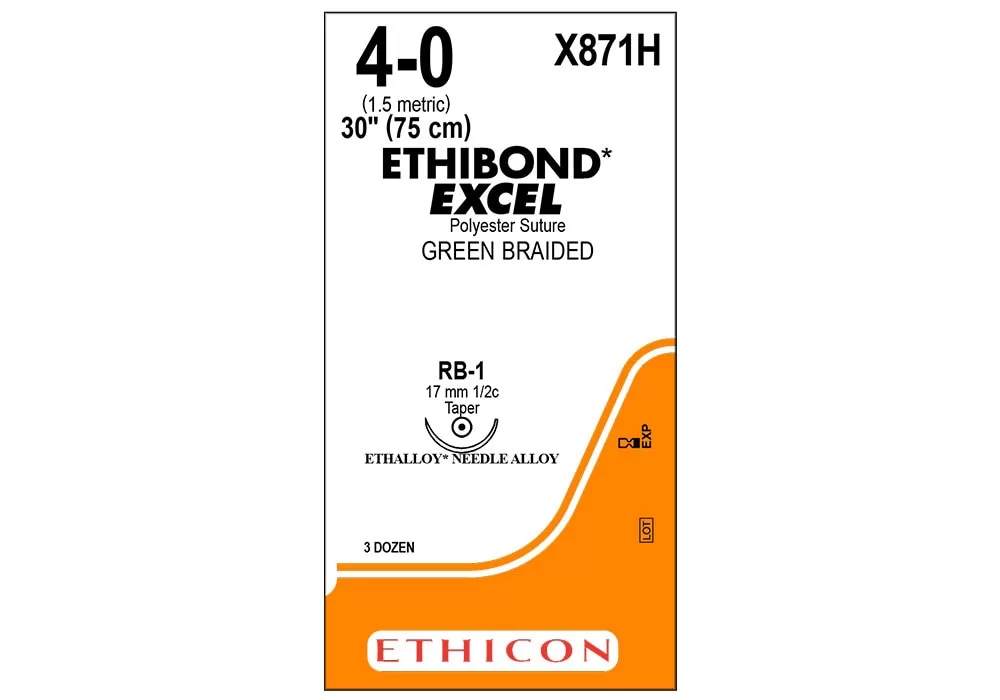 Ethicon 4-0 30" Ethibond* Excel Coated Polyester Green-Braided Non-Absorbable Suture Rb-1 17 mm 1/2C Taper ( of 36) (Orange)