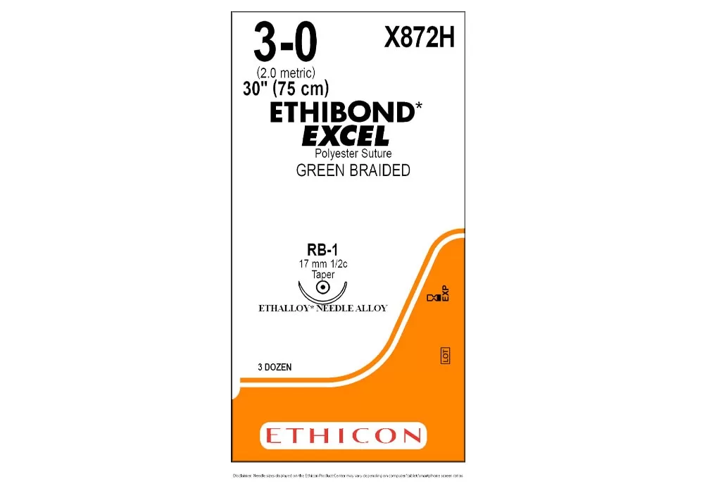 Ethicon 3-0 30" Ethibond Excel* Coated Polyester Green Braided Non-Absorbable Suture Rb-1 17 mm 1/2C Taperpoint ( of 36) (Orange)