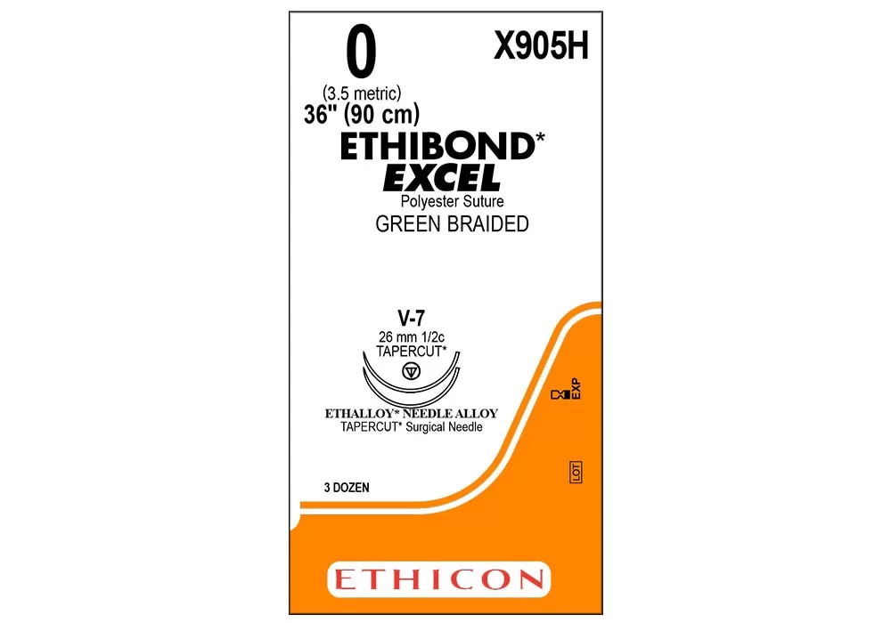 Ethicon 0 36'' Ethibond Excel Green Coated Polyester Suture, Double Armed V-7 26 mm 1/2C Tapercut Needles ( of 36) (Orange)