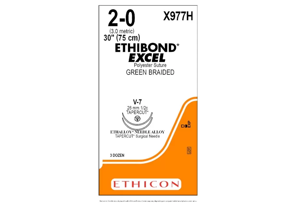 Ethicon 2-0 30" Ethibond Excel Coated Polyester Green Braided Non-Absorbable Suture V-7 26 mm 1/2C Tapercut ( of 36) (Orange)