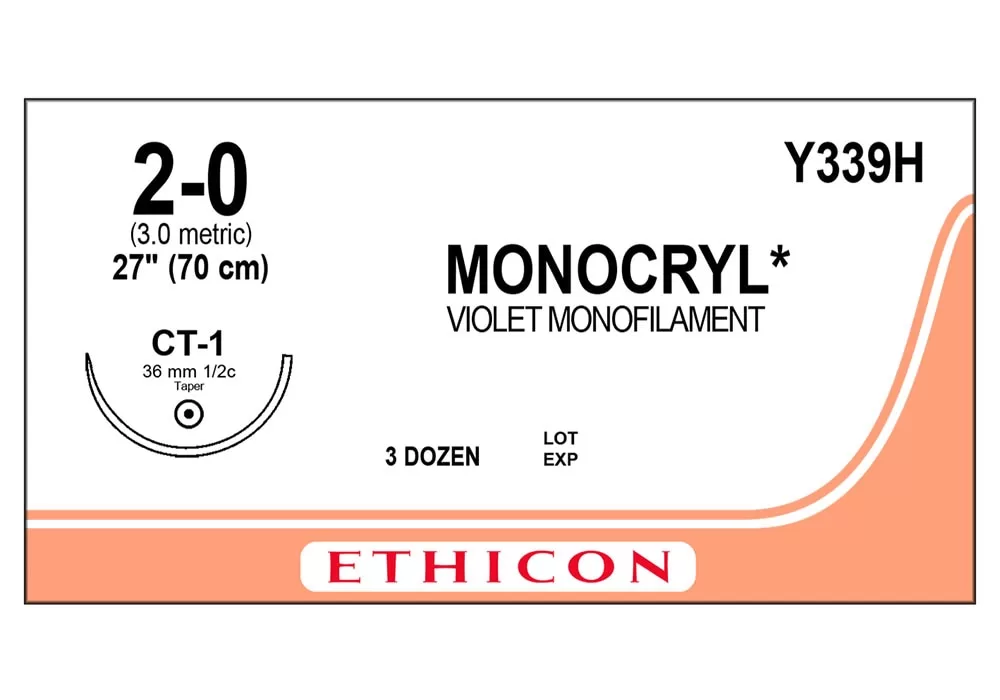 Ethicon 2-0 27" Monocryl* (Poliglecaprone 25) Suture Violet Monofilament Ct-1 36 mm 1/2C Taper ( of 36) (Peach)