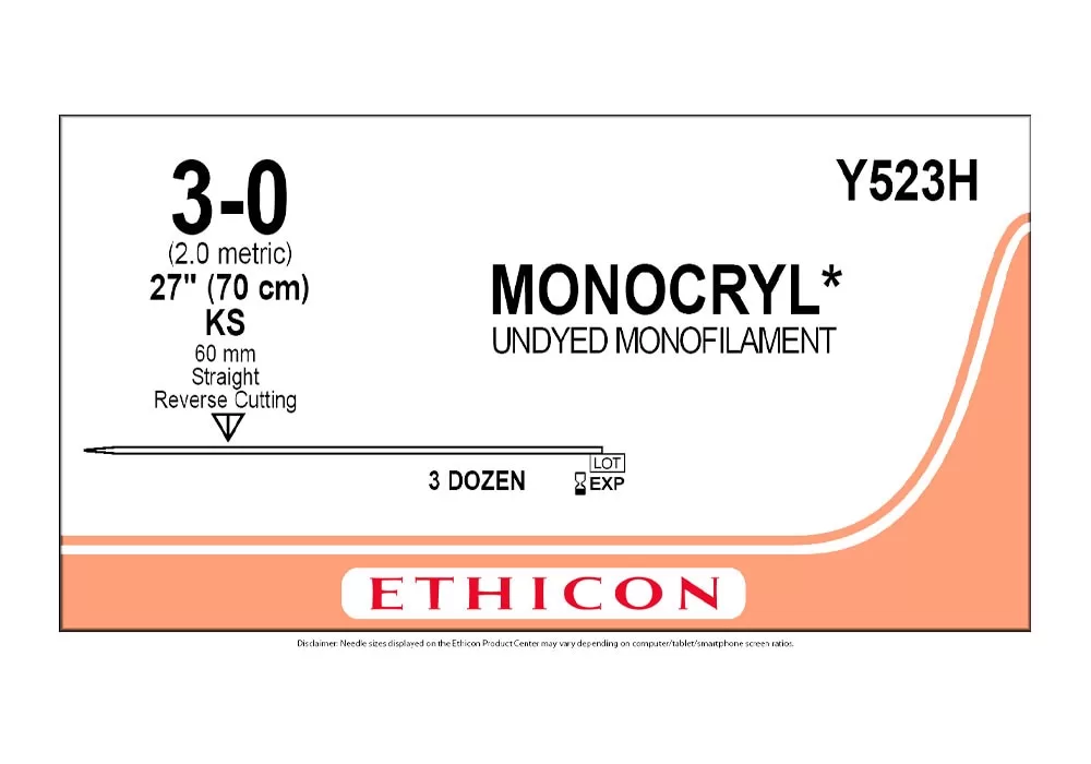 Ethicon 3-0 27" Monocryl* (Poliglecaprone 25) Undyed Monofilament Absorbable Suture Ks 60 mm Straight Reverse Cutting ( of 36) (Peach)