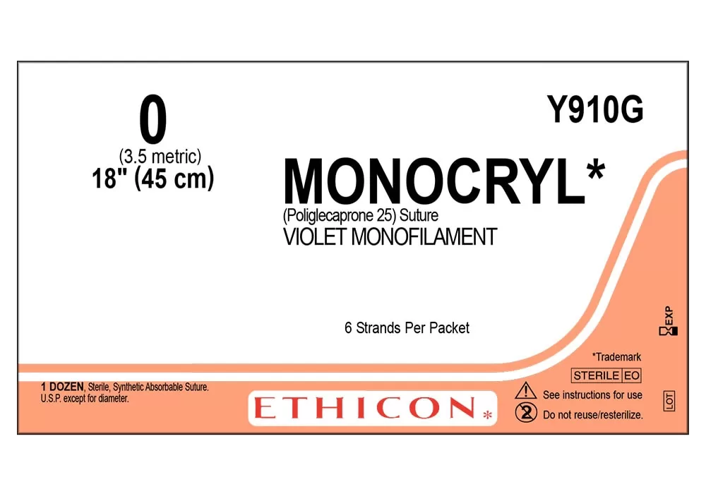 Ethicon 0 18'' Monocryl* Violet Monofilament (Poliglecaprone 25) Suture, No Needle, 6 Strands Per Packet ( of 12) (Peach)