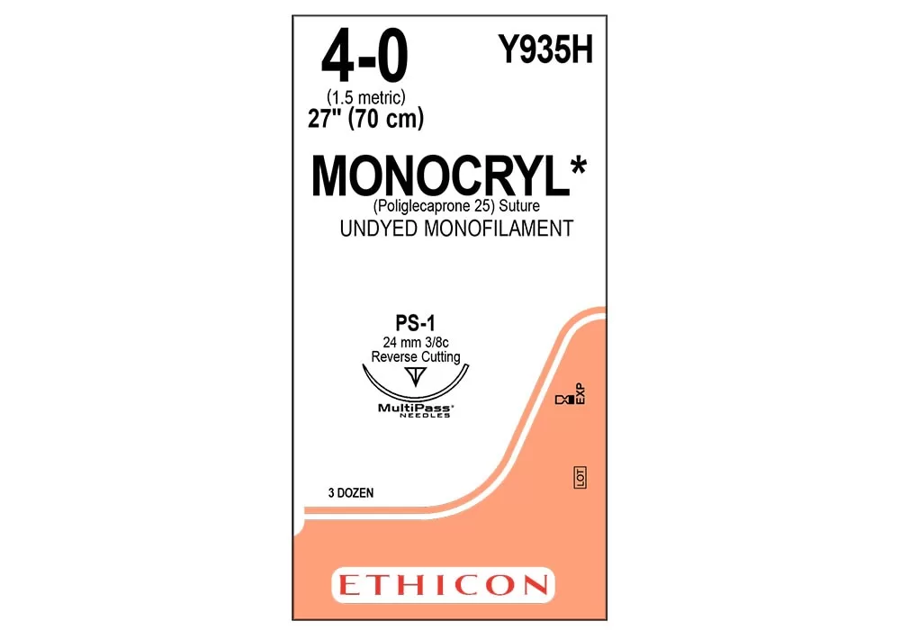 Ethicon 4-0 27" Monocryl* (Poliglecaprone 25) Undyed Monofilament Absorbable Suture Ps-1 24 mm 3/8C Reverse Cutting ( of 36) (Peach)