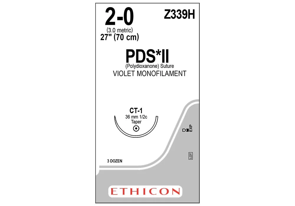 Ethicon 2-0 27" PDS*II (Polydioxanone) Violet Monofilament Absorbable Suture Ct-1 36 mm 1/2C Taper ( of 36) (Grey)