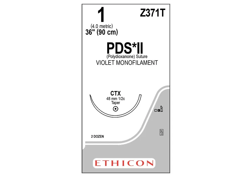 Ethicon 1 36" PDS*II (Polydioxanone) Violet Monofilament Absorbable Suture Ctx 48 mm 1/2C Taper ( of 24) (Grey)