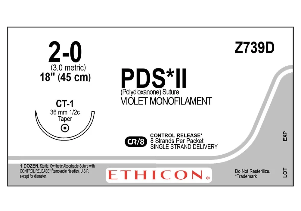 Ethicon 2-0 18" PDS II (Polydioxanone) Suture Violet Monofilament Ct-1 36 mm 1/2C Taper ( of 12) (Grey)